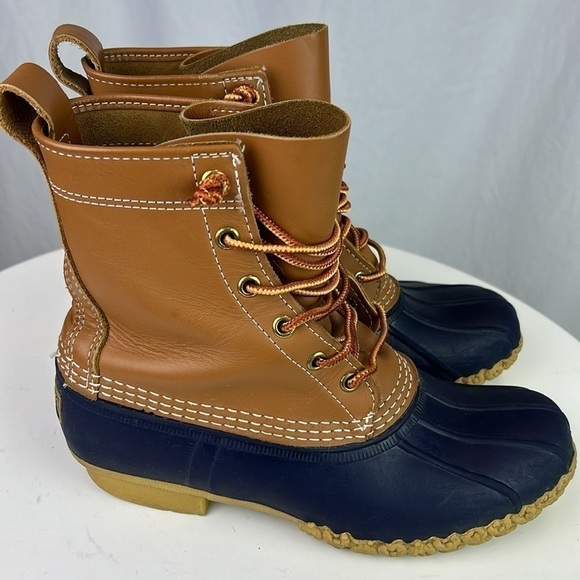 L.L. Bean Women’s Bean Boots 8” Made in Maine Tan Blue Waterproof Duck B… - Picture 3 of 12